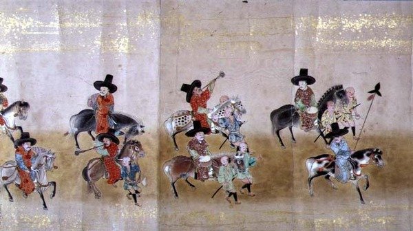 Šesté korejské velvyslanectví v Japonsku v Meireki 1 v době nástupnictví Tokugawa Ietsuny v roce 1651, pravděpodobně Kano Masunobu (1625-94) (svitek) (detail) od Japanese School