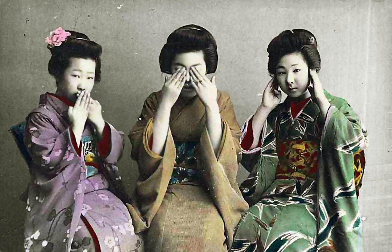 Nemluvit zlo, nevidět zlo, neslyšet zlo, c1880 (Ručně barevná albuminová fotografie) od Japanese School