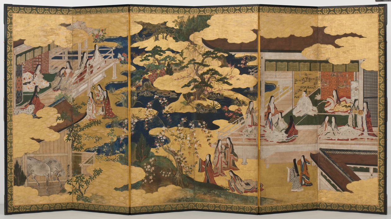 Jaro v paláci, šestinásobné plátno z The Tale of Genji, cca 1650 (inkoust, barvy a zlato na papíře) od Japanese School