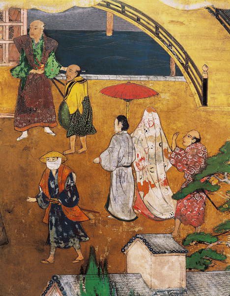Příchod Portugalců do Japonska, detail pouliční scény, z plátna Namban Byobu, 1594-1618 od Japanese School
