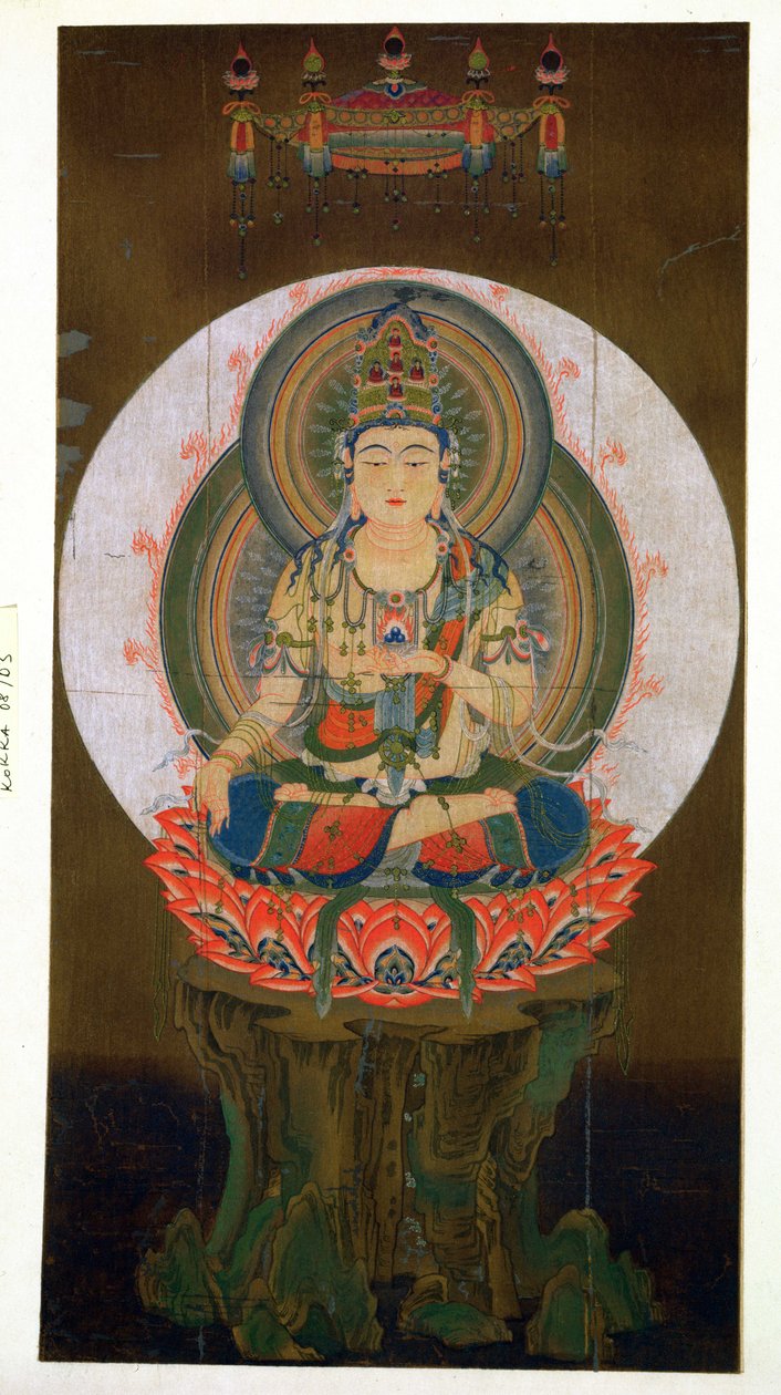 Bódhisattva Akashagarba držící v levé ruce drahokam Cintamani (dávající přání) sedící na lotosu, ilustrace podle kakemona z 9. století z chrámu Daigo, publikované v Th od Japanese School