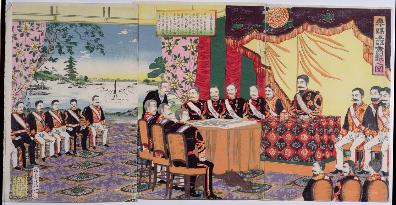 Císař Mutsuhito (1852-1912) pořádá válečnou radu, epizoda z čínsko-japonské války, konec 19. století (barevný dřevořez) (viz také 176842) od Japanese School
