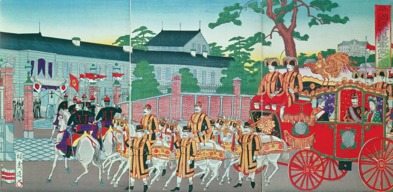 Císař Mutsuhito (1852-1912) se vrací do svého paláce v Tokiu, konec 19. století (barevný dřevořez) od Japanese School