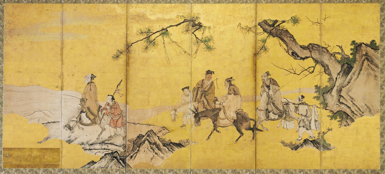 Sedm mudrců z Bamboo Grove, Kan? škola (inkoust, barva, zlato a plátkové zlato na papíře) od Japanese School