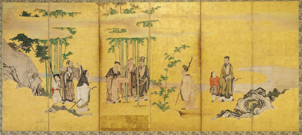 Sedm mudrců z Bamboo Grove, Kan? škola (inkoust, barva, zlato a plátkové zlato na papíře) od Japanese School