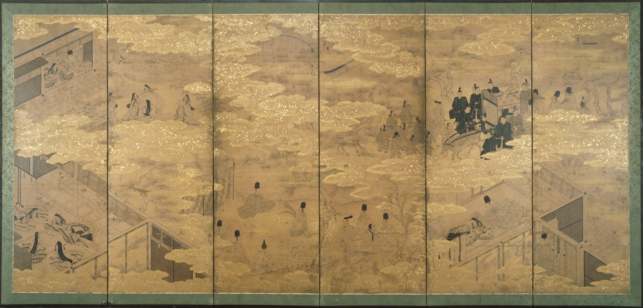 The Tale of Genji, konec 17.-začátek 18. století (inkoust s pigmentem a plátkovým zlatem na slídovém papíře) (pár 171424) od Japanese School