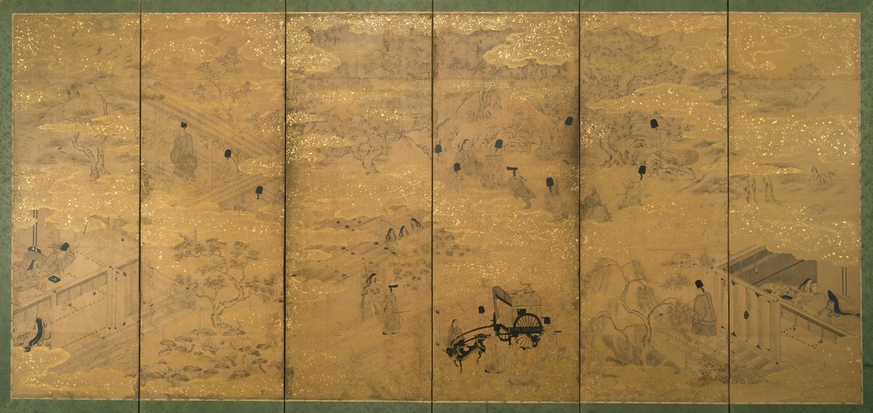 The Tale of Genji, konec 17.-začátek 18. století (inkoust s pigmentem a plátkovým zlatem na slídovém papíru) (pár 171423) od Japanese School