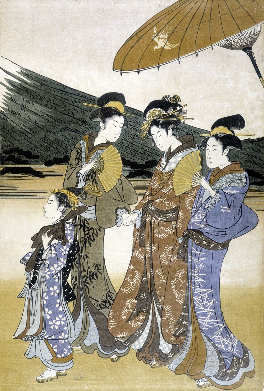 Tři ženy a děti, japonský tisk od Japanese School