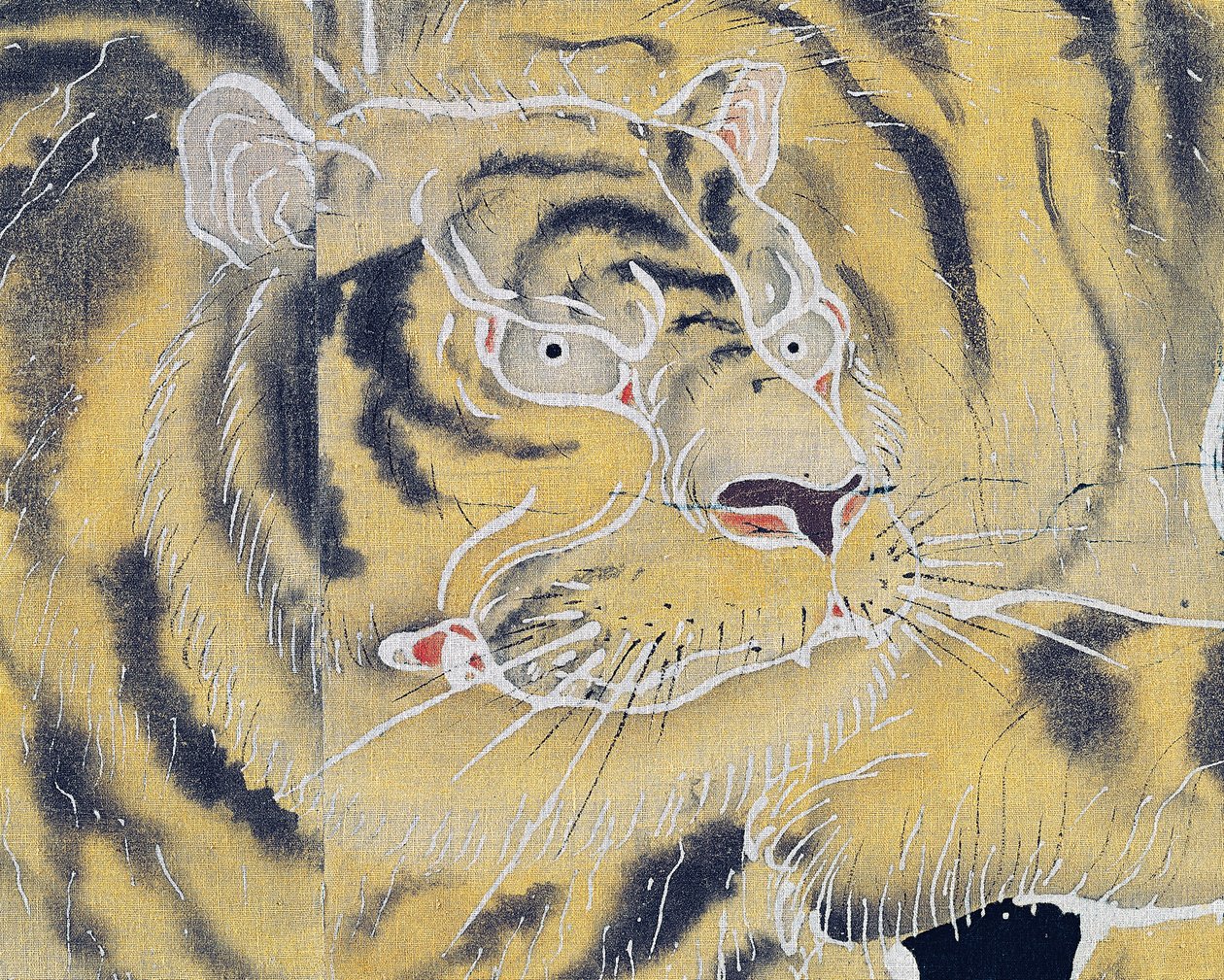 Tygří tlama, detail z bavlněného plátna, skládací dvojdílná (byobu), barvená v rezervě rýžovým škrobem a máčením v indigu s pigmenty, japonská civilizace, období Meidži-Taišó od Japanese School