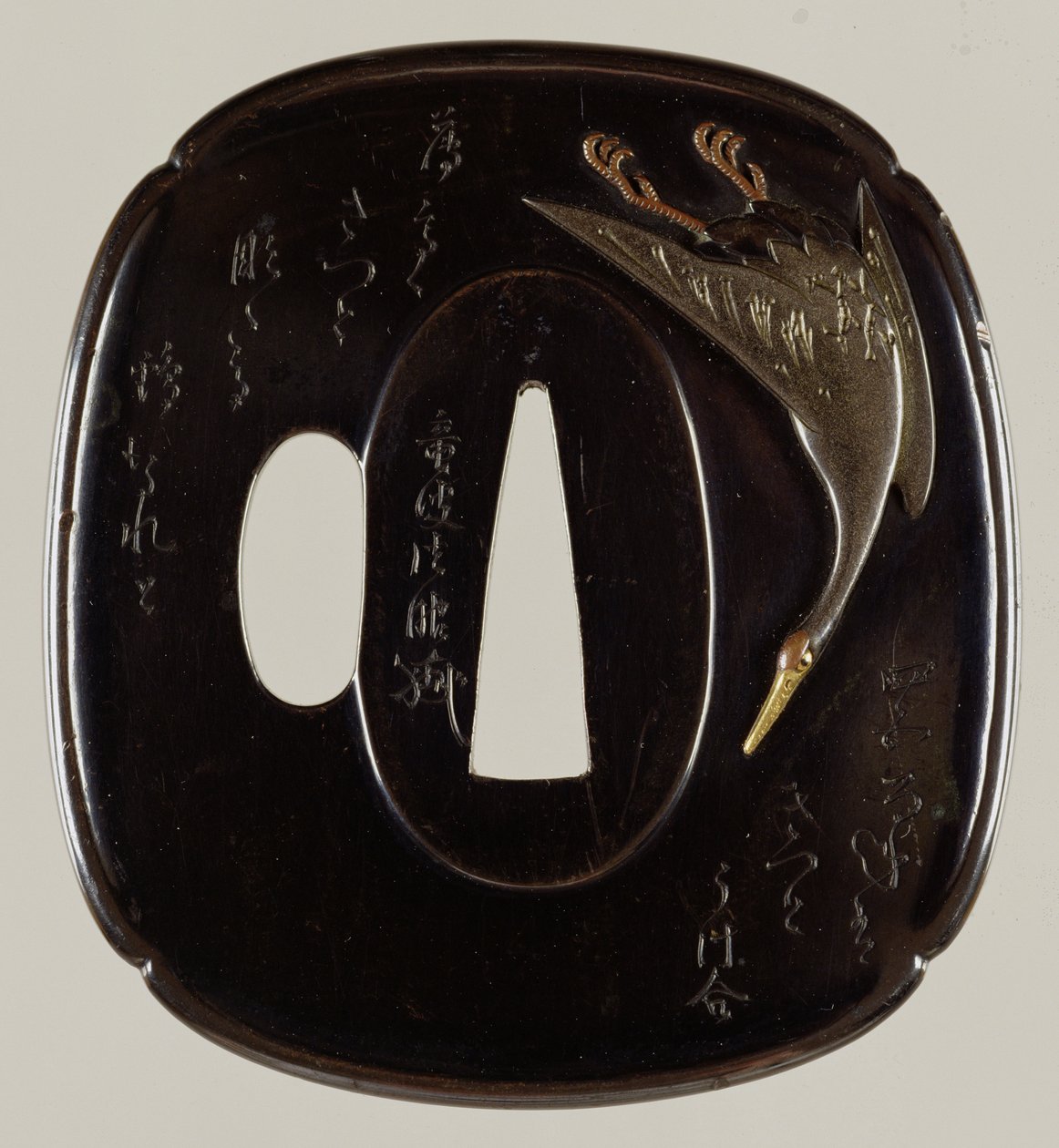 Tsuba Swordguard (shakudo slitina mědi a zlata) (reverzní viz 241114) od Japanese School