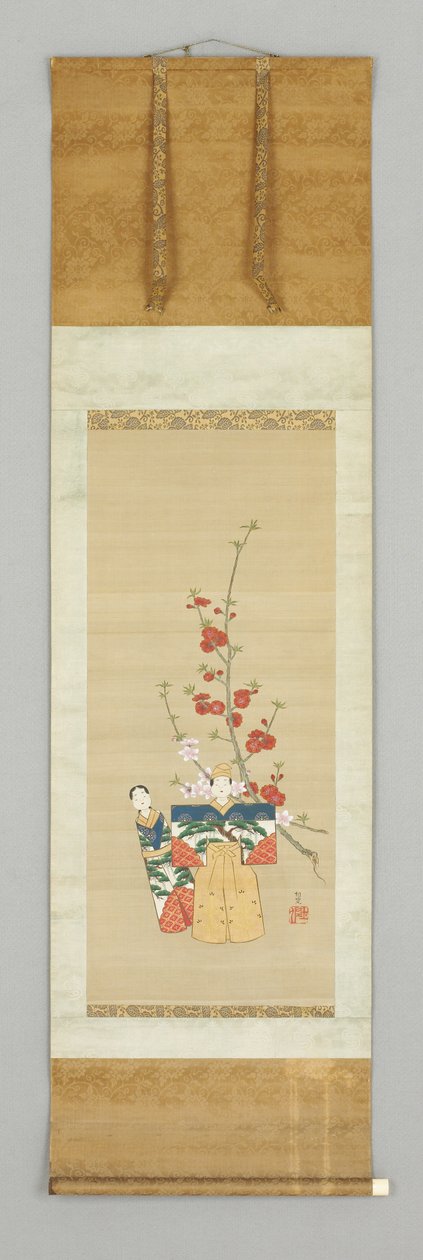Dvě japonské panenky a kvetoucí Větev, konec 18. století (barva na hedvábí) od Japanese School