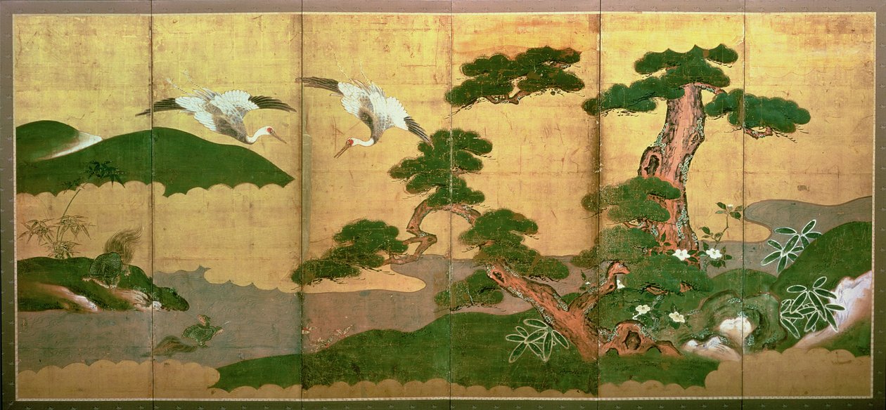 Dva jeřáby potápějící se za borovicí a skalním lesem, období Edo od Japanese School