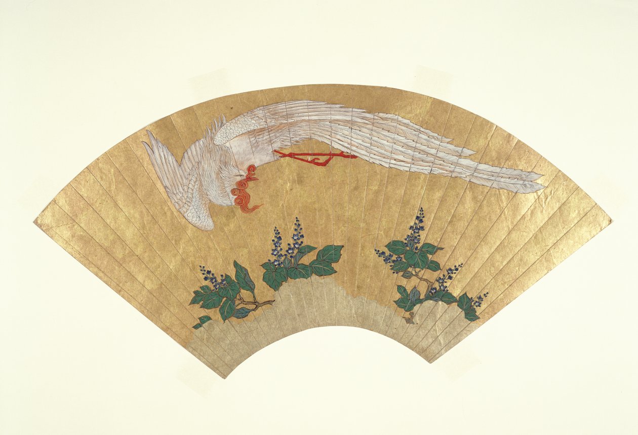 Nenamontovaný ventilátor: Potápění ptáků na zasněženém bambusu, cca 1700-60 (zlato a wc na papíře) od Japanese School