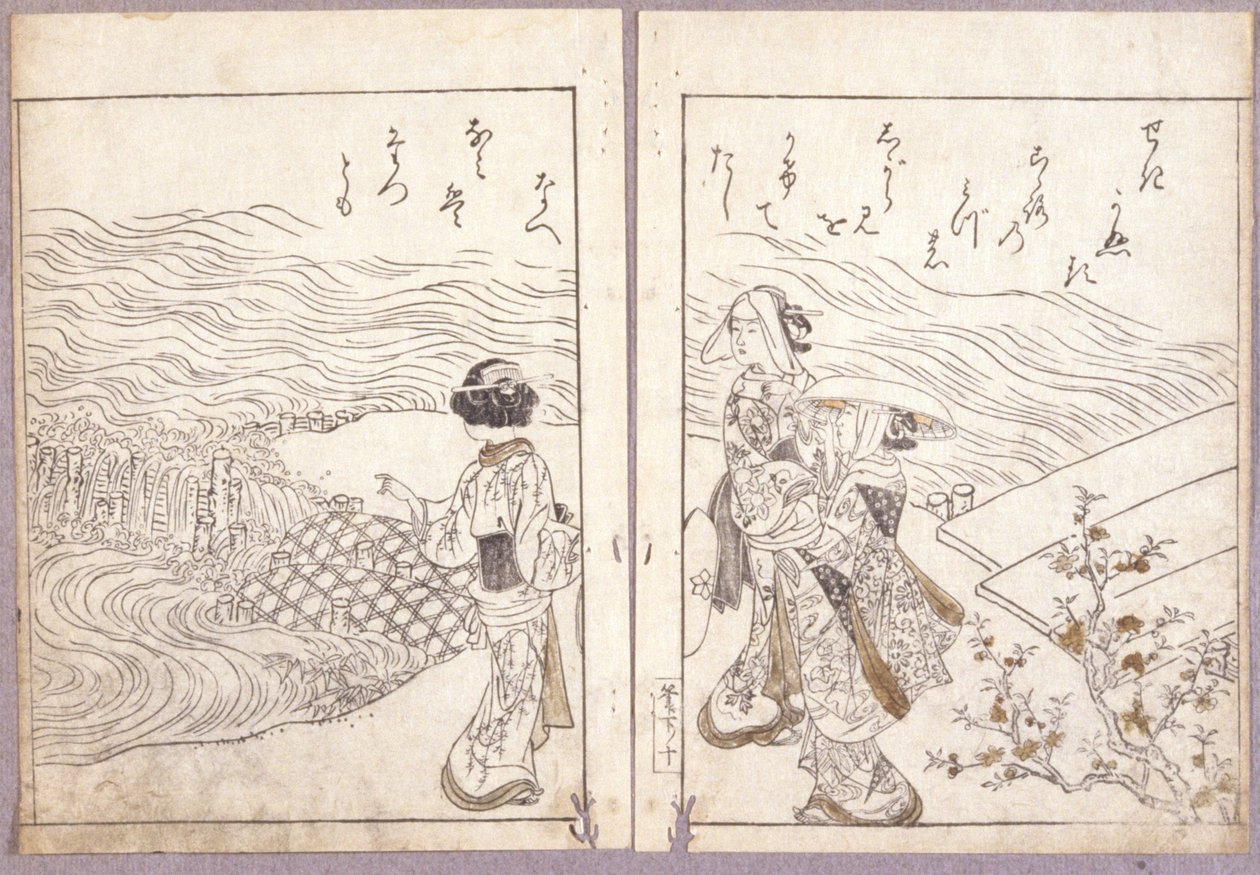 Bez názvu (Hódžo párty z poutního davu Azuma Genji prohlížejícího obraz Buddhy) (barevné dřevoryty) od Japanese School