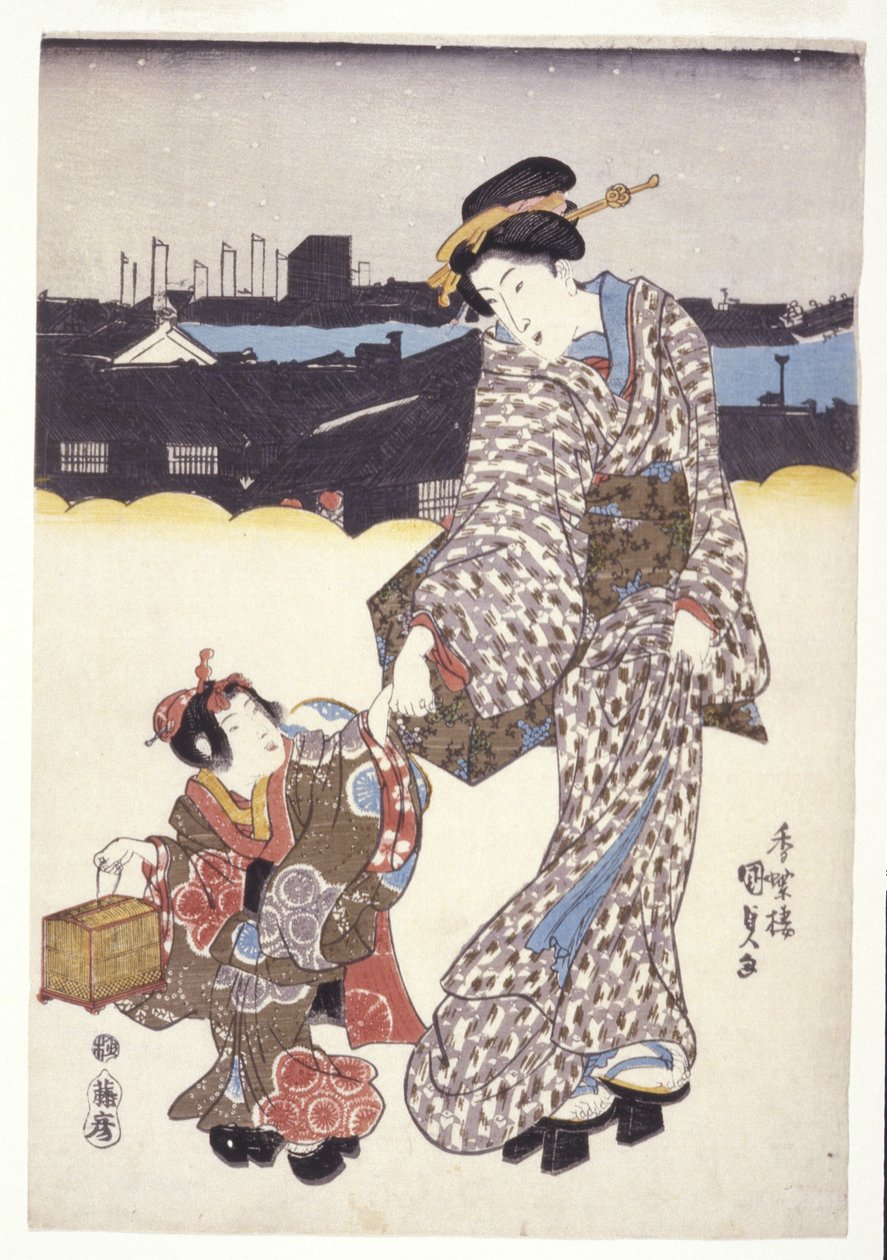Bez názvu (Žena a dítě) (barevné dřevoryty) od Japanese School