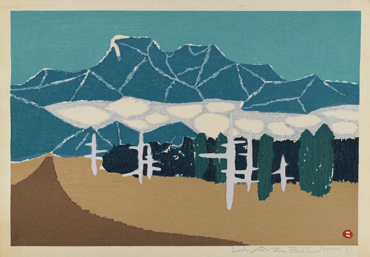 Bez názvu (Snow Mountain Landscape), připisováno U. Azeuhi (barevný tisk ze dřeva) od Japanese School