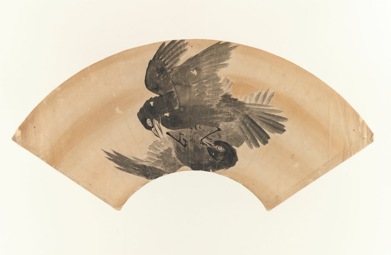 Bez názvu - vějířovitá kresba dvou ptáků, 1603-1868 (tuš na papíře) od Japanese School