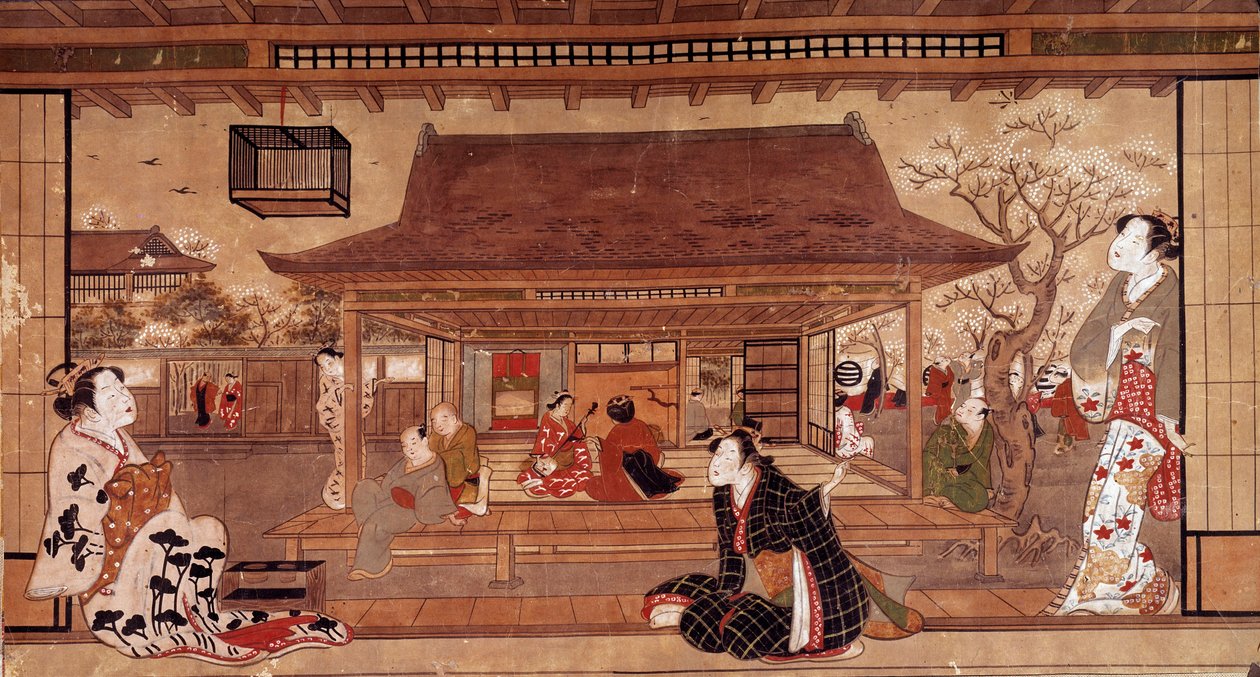 Pohled na palác Maromasa. Japonský tisk z 18. století. Soukromá sbírka od Japanese School