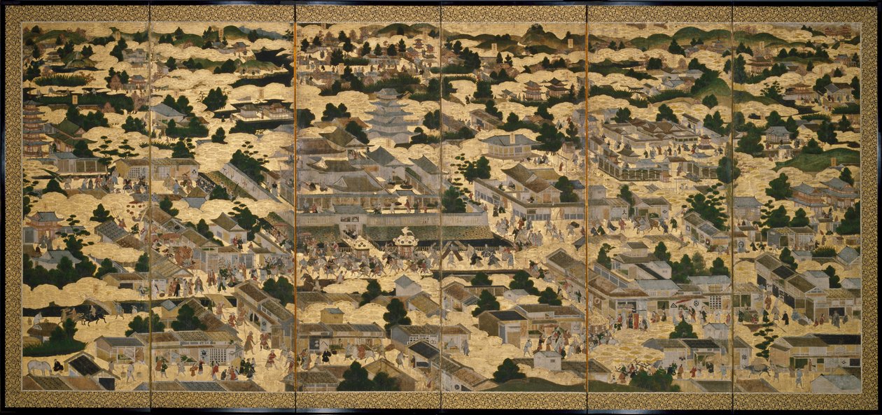Pohledy na Kjóto a okolí (Rakuchu rakugai zu), cca 1616-24 (tuš, barva a plátkové zlato na papíře) od Japanese School