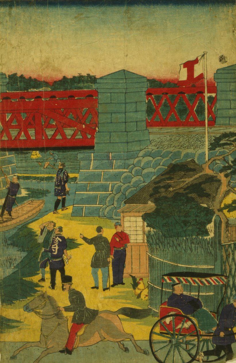 Vesnická scéna v Japonsku zobrazující lidi zapojené do různých činností, kolem roku 1870 od Japanese School
