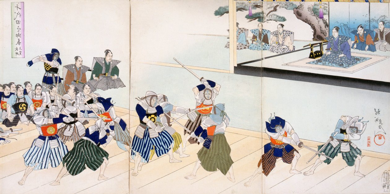 Warlord sleduje samuraje, jak cvičí šerm, 19. století. od Japanese School