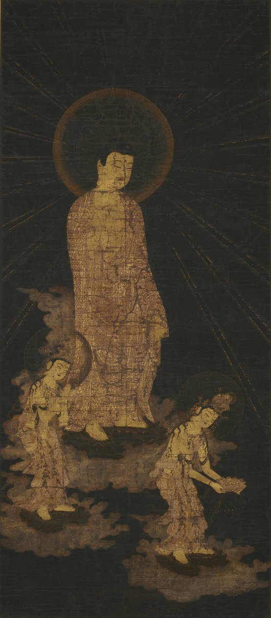 Uvítací sestup triády Amida Buddha (zlato a barva na hedvábí barveném indigem) od Japanese School