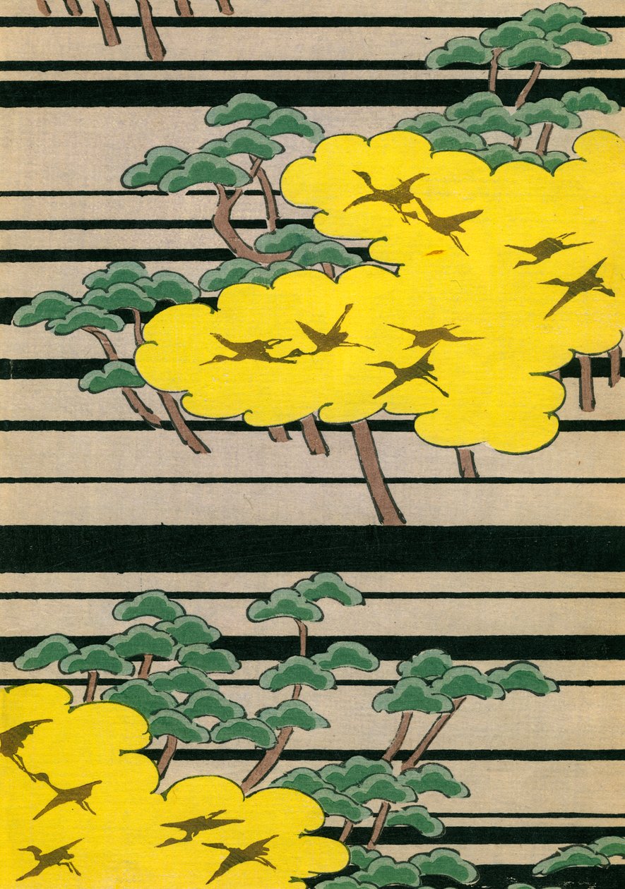 Žluté a zelené stromy s jeřáby od Japanese School