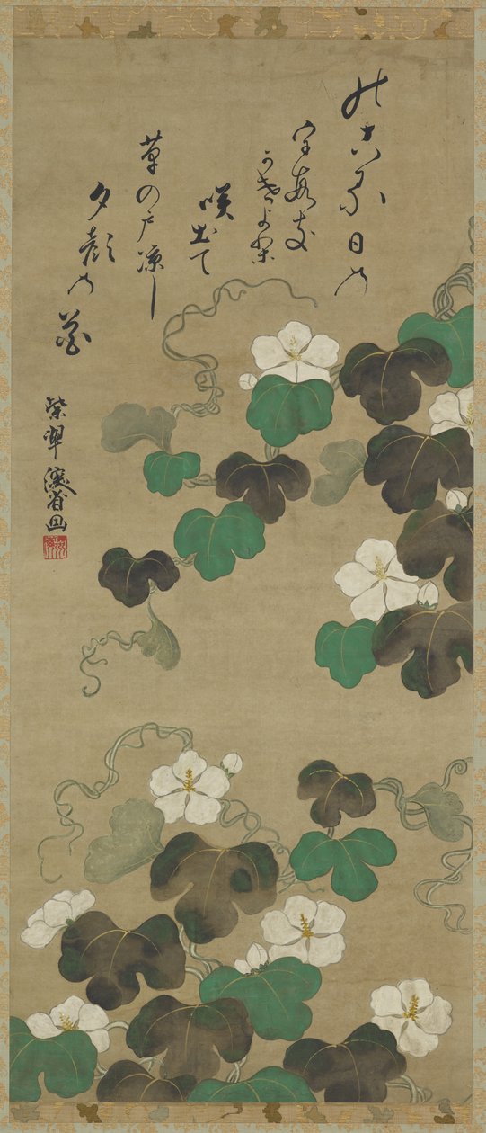 Yugao vinice a báseň, Závěsný svitek (nalepený na panelu), 18.-19. století (barva na papíře) od Japanese School