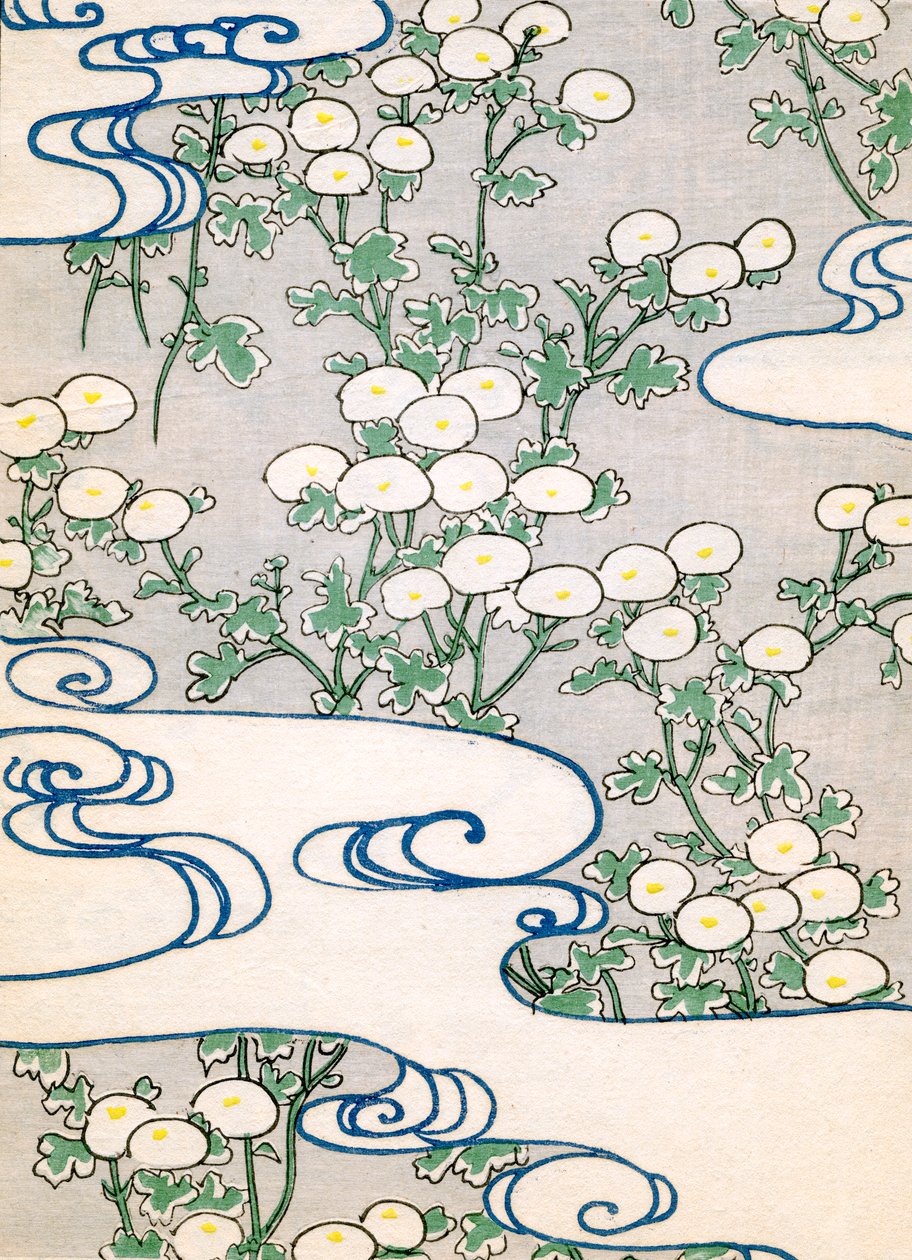 barevný dřevotisk Blooming Vines a Wave Pattern od Japanese School