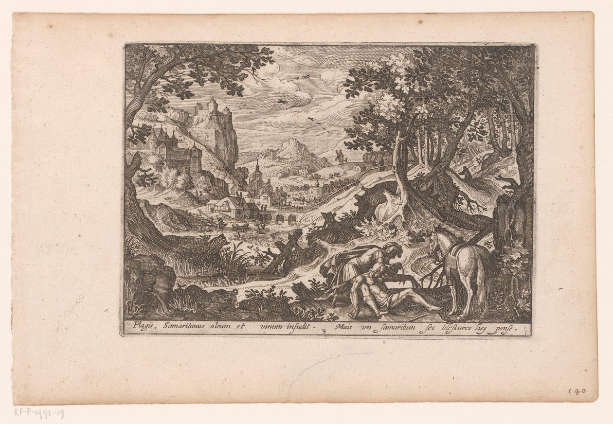 Krajina s příběhem milosrdného Samaritána: Samaritán pomáhá oběti na koni Příběh milosrdného Samaritána (název série) od Jaspar de Isaac (attributed to)