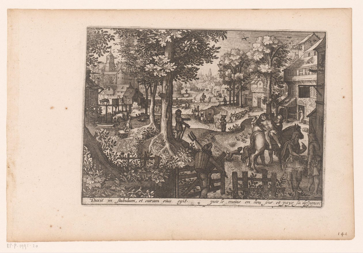 Krajina s příběhem milosrdného Samaritána: Příjezd do hostince Příběh milosrdného Samaritána (název série) od Jaspar de Isaac (attributed to)