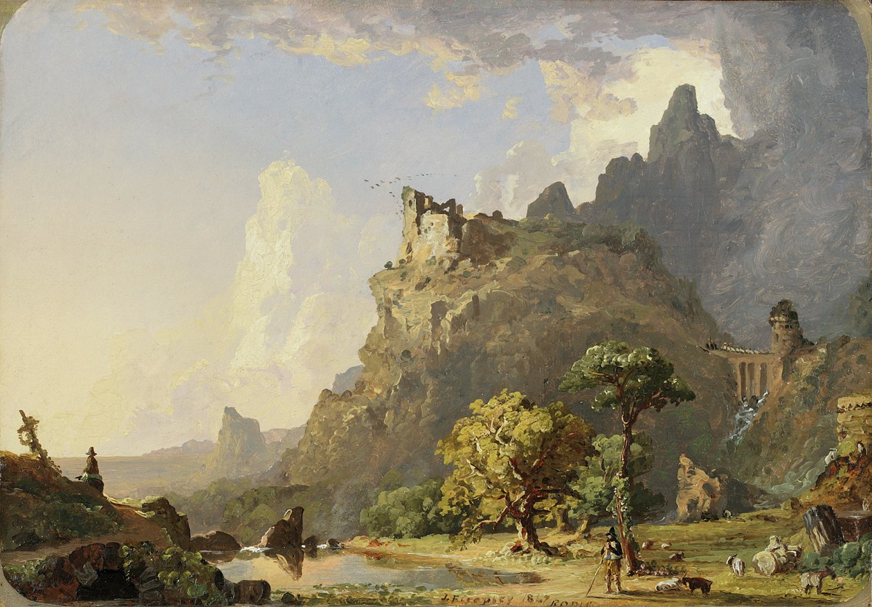Italská krajina poblíž Říma: Studie pro horský potok, 1847 (olej na papíře, položeno na plátně) od Jasper Francis Cropsey