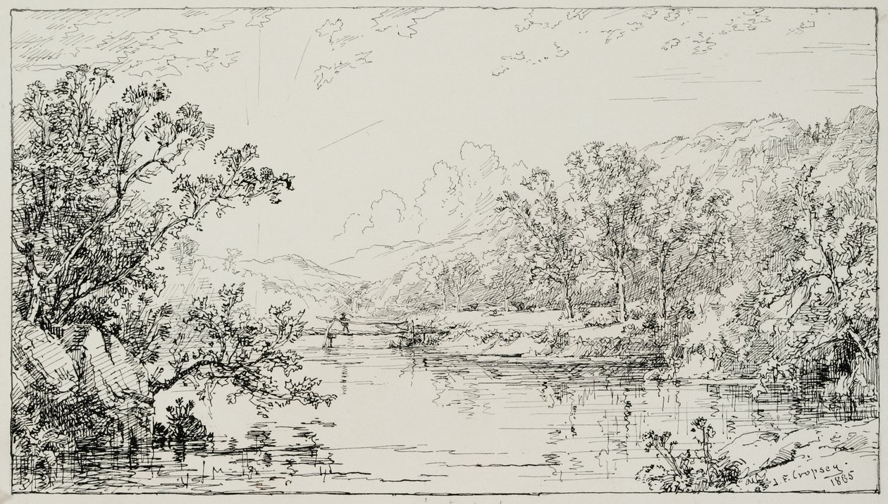 října v Ramapo Valley, 1885 (pero a černý inkoust s grafitovými přísadami na krémové Bristolské desce) od Jasper Francis Cropsey