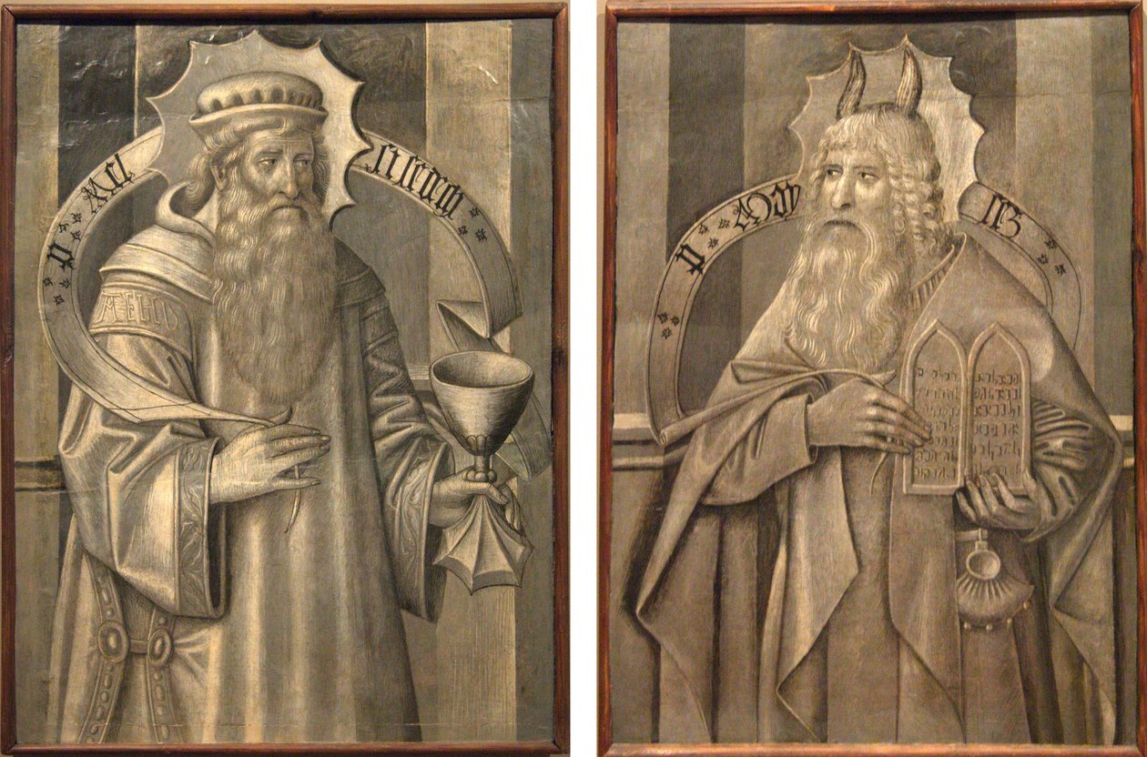 Přihrádky na zadní straně predelly Santa Maria de Ripoll- Melchizedek a Mojžíš od Jaume Huguet