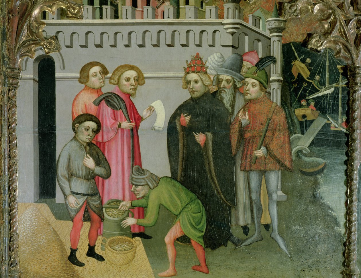 Zázračné rozmnožení obilí, detail z oltářního obrazu sv. Mikuláše z Bari od Jaume Cabrera