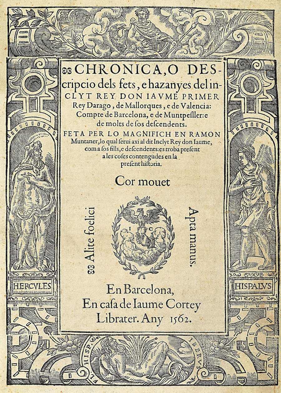 Ramon MUNTANER (1265-1336), katalánský voják a fejetonista. Obálka knihy Chronica, o descripcio dels fets, e hazanyes del inclit rey Don Jaume Primer z vydání vyrobeného v Barceloně v domě tiskárny Jaume Cortey. Gravírování, Španělsko, Barcelona, ​​​​U od Jaume Cortey