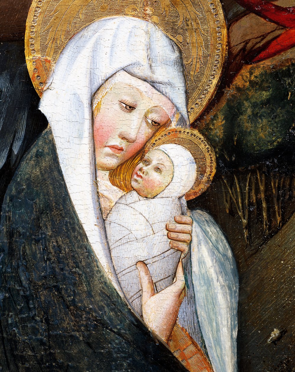 Marie a dítě, detail z Útěk do Egypta, oltářní obraz z Verdu od Jaume Ferrer