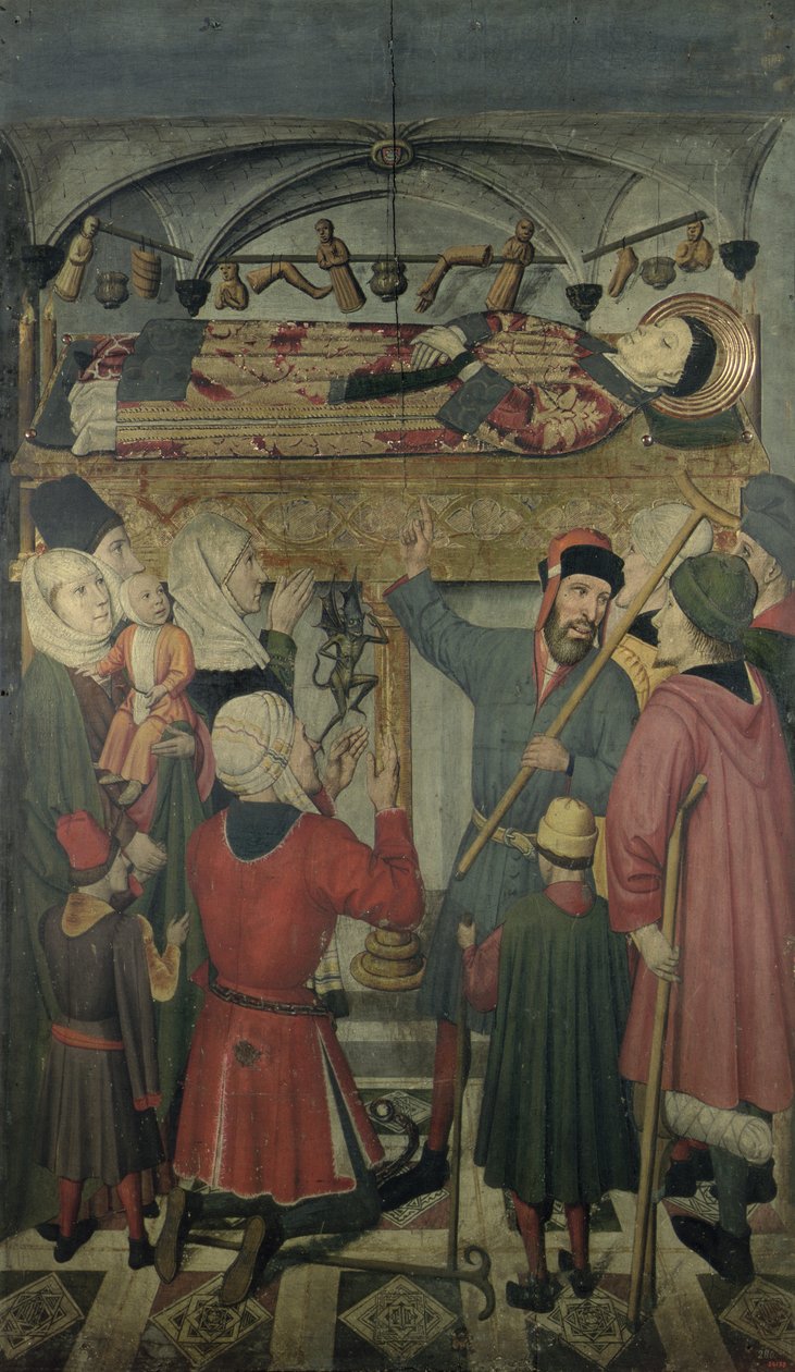Exorcismus posedlého muže pod hrobkou svatého Vincenta Zaragoského († 304) z oltářního obrazu svatého Vincenta Zaragoského od Jaume Huguet