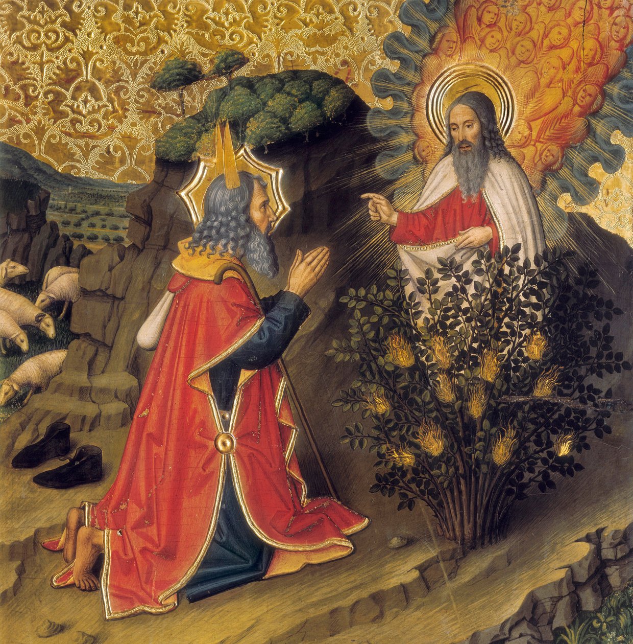 Mojžíš a hořící keř (tempera na dřevě) od Jaume Huguet