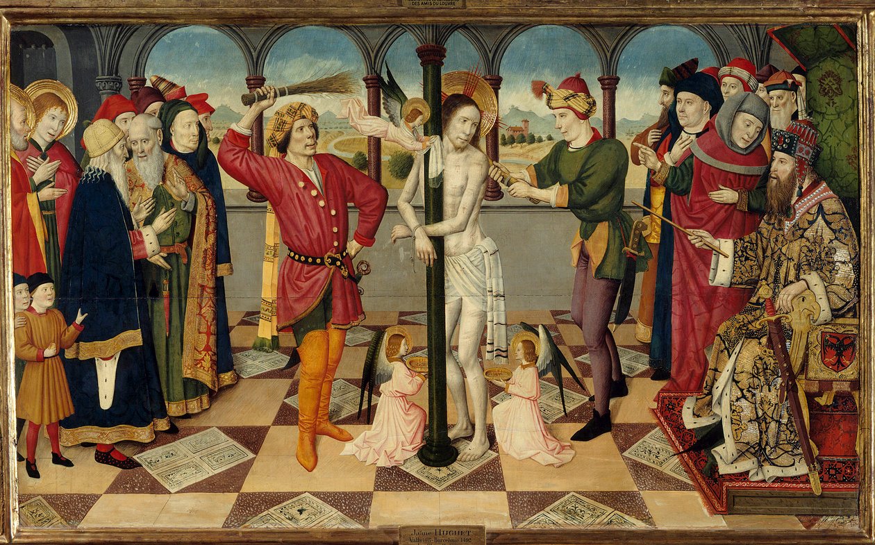 Bičování Krista před Pilátem Pontským. Detrempe na dřevě od Jaume (= Jaime) Hugueta staršího (1415-1492). Ztlumit. 0,92 x 1,56 m. od Jaume Huguet