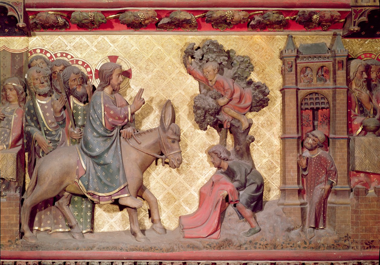 Detail vjezdu Krista do Jeruzaléma, 1340-51 malovaný kámen od Jean and Jean Le Boutellier Ravy