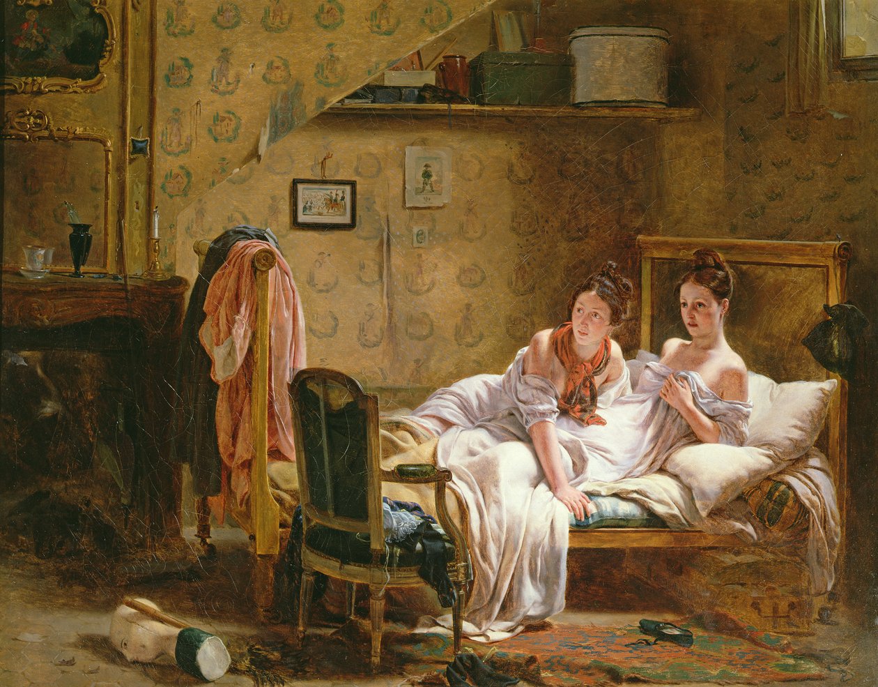 Dvě ženy v posteli vyrušené kočkou od Jean Alphonse Roehn