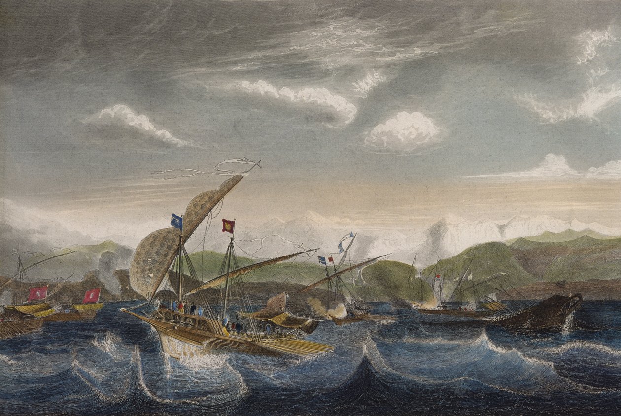 Andrea Doria rozhánějící španělskou flotilu před ústím Var v roce 1524 (barevná rytina) od Jean Antoine Theodore Gudin