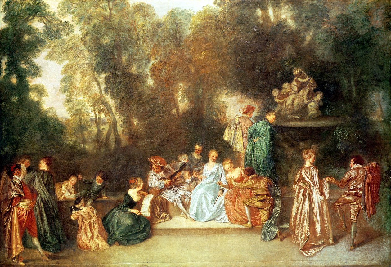 Fete galante s kytaristou a sochou putti hrajícího s beranem, kolem 1717-19 od Jean Antoine Watteau