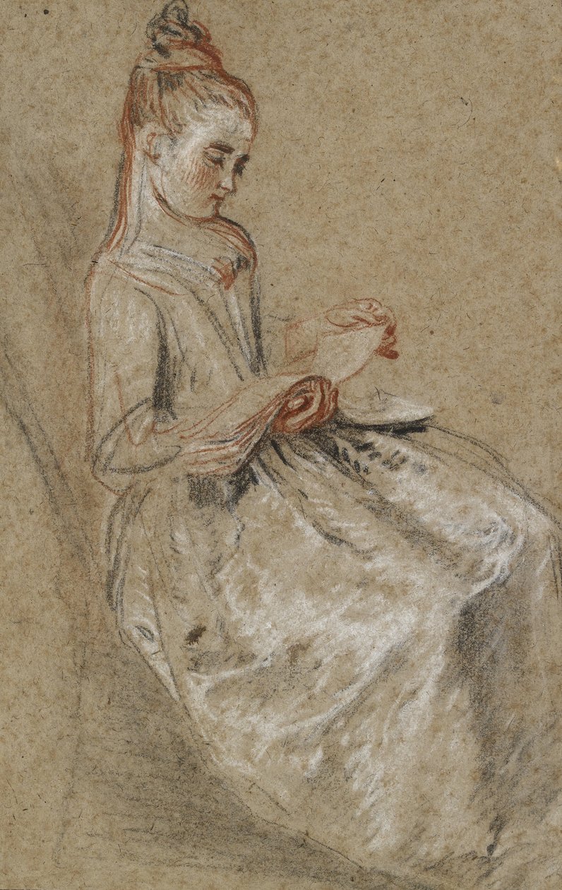Dívka sedící s hudební knihou na klíně (černé, červené a bílé křídy na hnědém papíře s hrubou texturou) od Jean Antoine Watteau