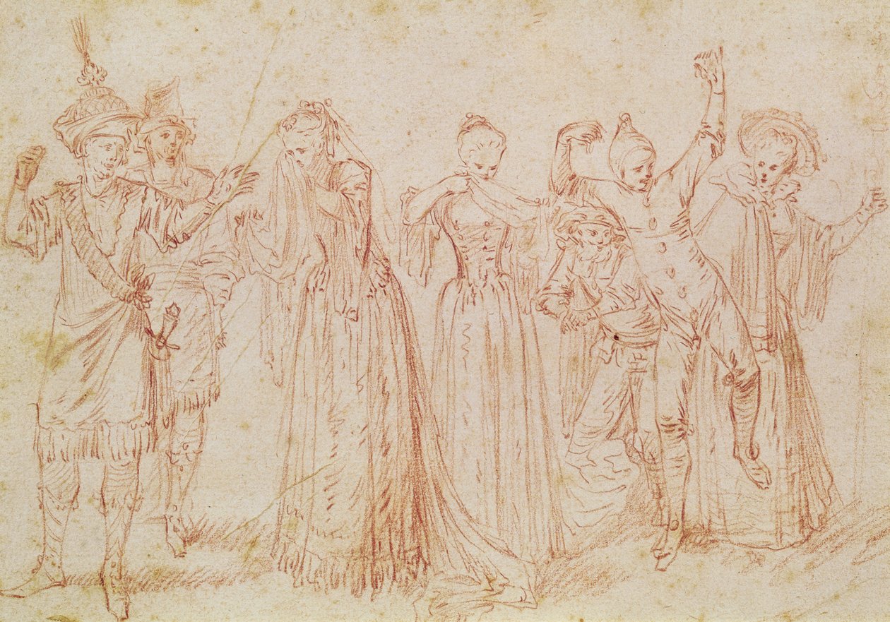 Skupina komických a tragických herců od Jean Antoine Watteau