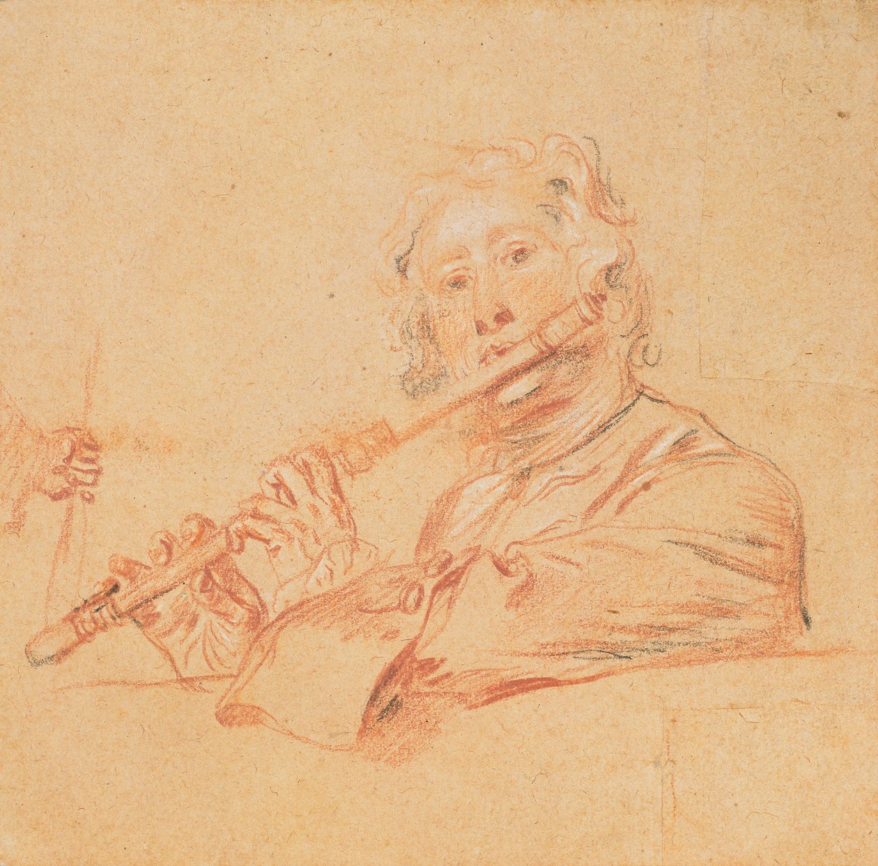 Muž hrající na flétnu, cca 1710 (pastelky aux trois na lesklém papíře) od Jean Antoine Watteau