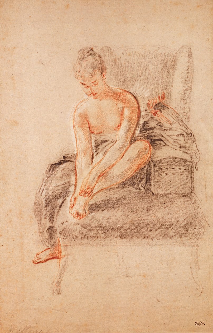 Polonahá žena sedící na lehátku a drží se za nohu od Jean Antoine Watteau