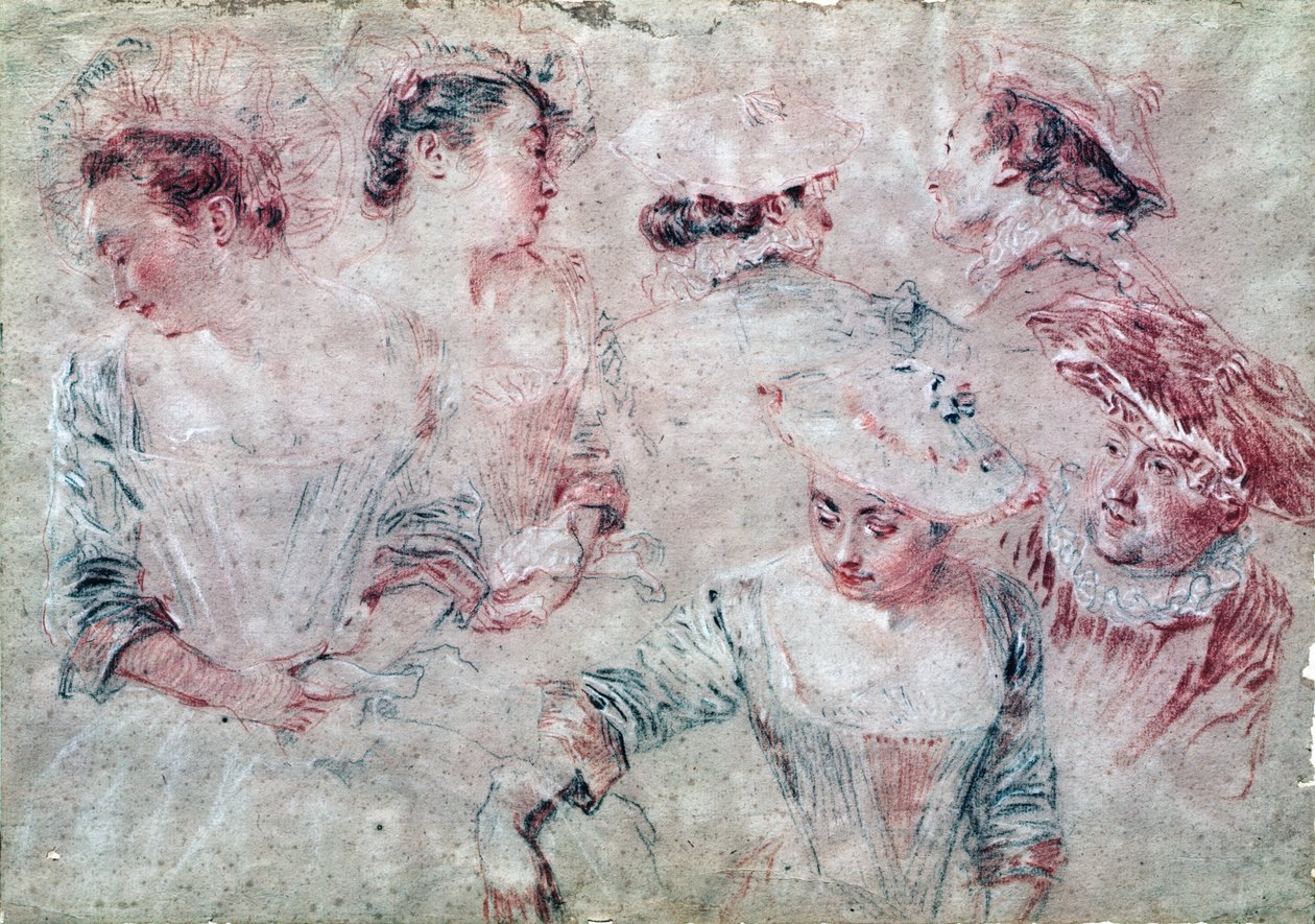 Šest studií (uhel a červená křída na papíře) od Jean Antoine Watteau