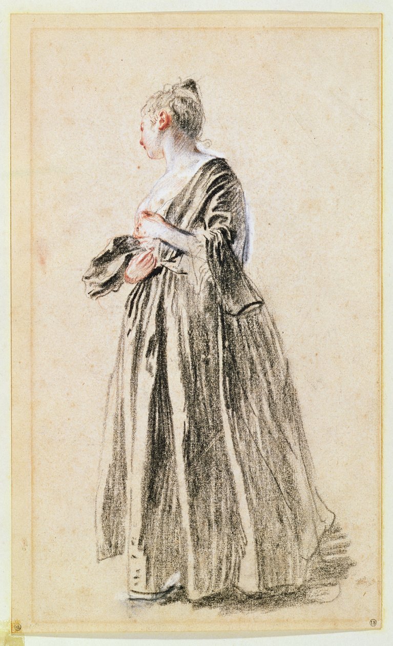 Stojící žena (červená, černá a bílá křída na papíře) od Jean Antoine Watteau